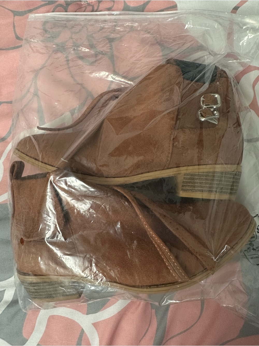 Tan Suede Ankle Booties with Buckle Accent